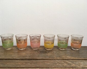 50s Set of 6 Vintage Shot Glasses, retro glasses, mid century glasses, pastels glasses, colored glass