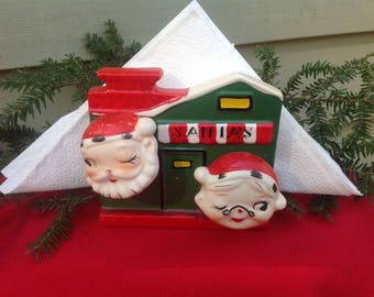 Vintage Santa and Mrs Claus Napkin Holder,  Salt and Pepper Set by Commodore