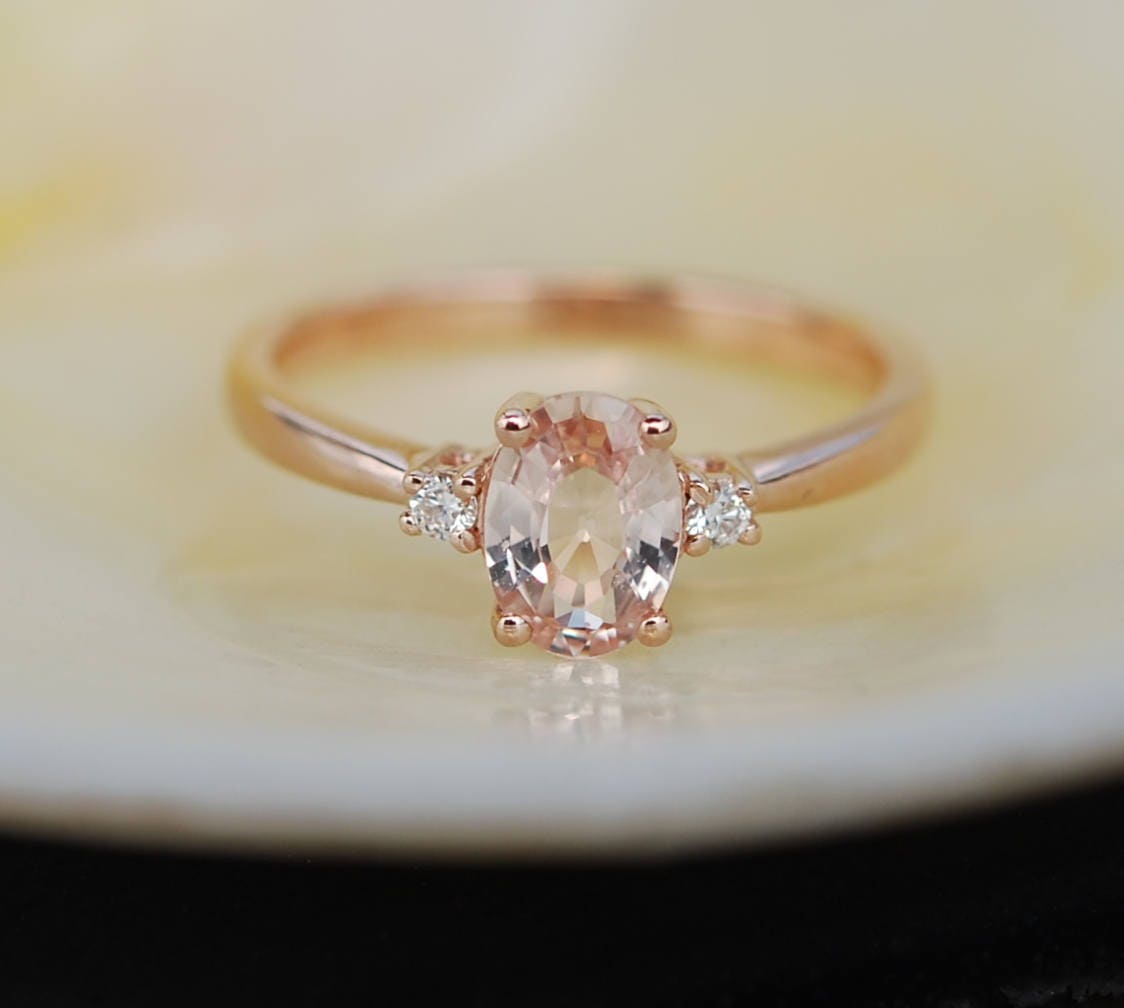 Peach sapphire engagement ring. Promise ring. Oval engagement