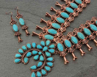 Navajo Turquoise Squash Blossom Necklace Set- HN6049CBTQ001