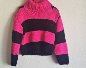Hot Pink and Black Hand Knit Sweater for 6 Year Old Girls with Fold Down Oversized Ribbed Neck