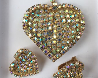 Vintage Rhinestone Brooch and Earrings Aurora Borealis