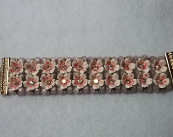 Signed Vintage LeRu Statement Bracelet with Pink Enameled Metal Flowers, Pink AB Rhinestone Centers and Lavender Beads