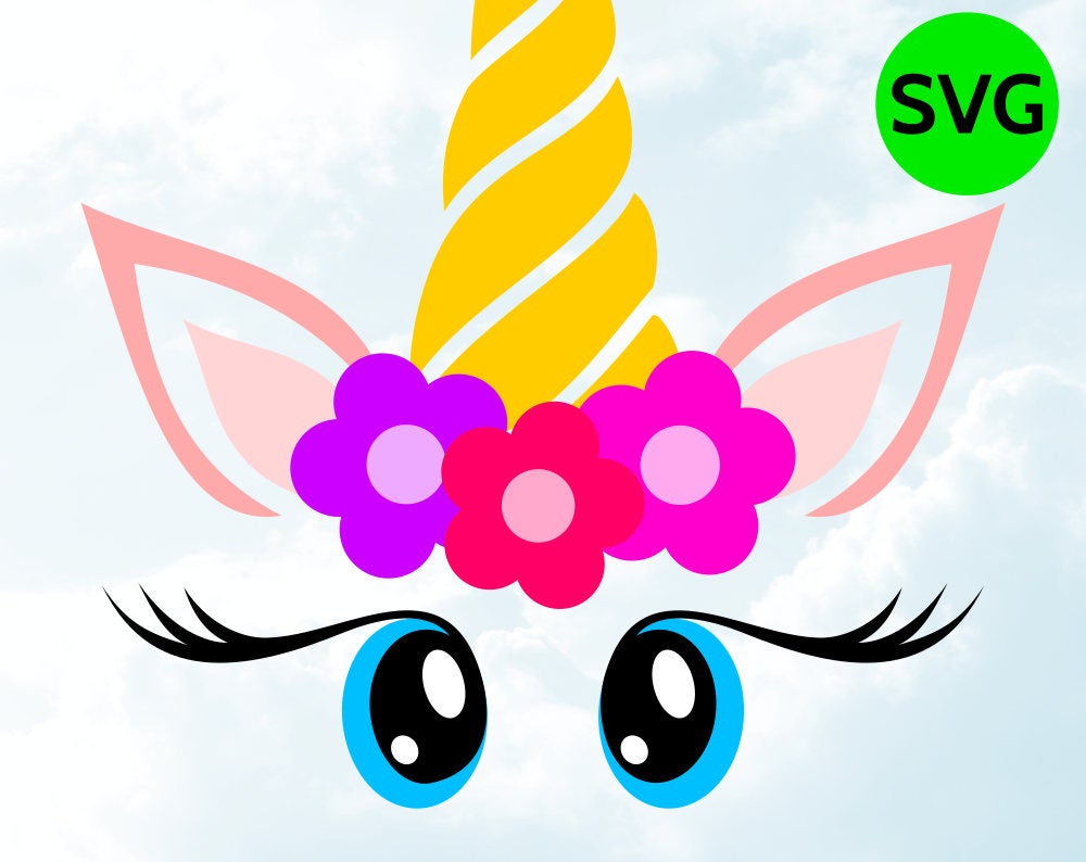 Download Unicorn Face SVG with Flowers, Horn, Eyelashes and Big Cute Eyes to print or cut with Cricut ...