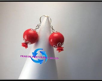 Red lampwork glass bead and 925 sterling silver Stud Earrings