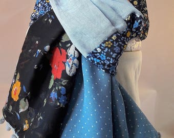 patchwork blue tassel scarf