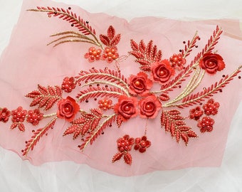 Blush red Beaded Lace Applique Pair for Lyrical Dance, White Swan, Bridal, Headbands, Sashes, Costume Design,sewing supplies