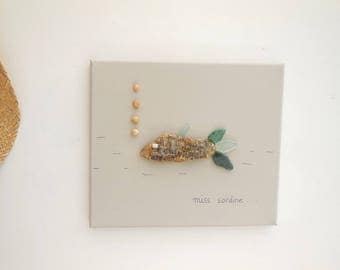 Canvas 3D Miss sardine driftwood and sea glass
