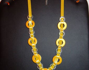 Yellow necklace mix of satin ribbon and washers