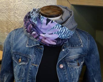 FX91 snood scarf tissue fluid light grey jersey purple blue pink floral and polka dot