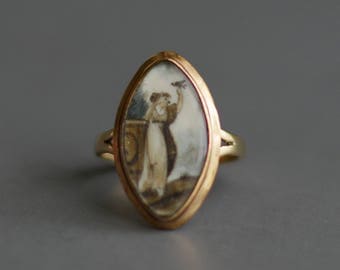 Antique Georgian 18th Century navette portrait mourning memorial ring 9k gold