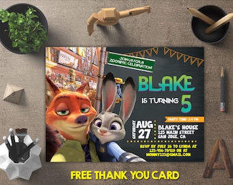 Zootopia Invitation, Zootopia Birthday, Zootopia Invites, Zootopia Printables, Zootopia Party, Zootopia Theme, FREE 4x6 Thank You Card
