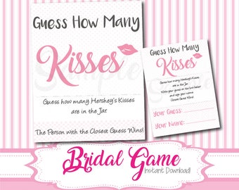SALE: Guess How Many Kisses, Bridal Shower Printable, Pink Bridal Shower Games, Wedding Shower Guessing Activity Instant Download, Kisses