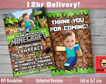 Minecraft Invitation with Custom Face and FREE Thank you card! Minecraft Birthday Invitation, Birthday Invitation Minecraft, Minecraft