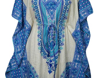 THROWING SHADE Beach Cover Up Short Caftan Printed Blue White Evening Comfy Sleepwear Kaftan Dress One Size