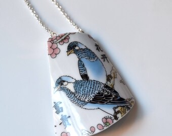 Broken China Jewelry Necklace - Blue Birds