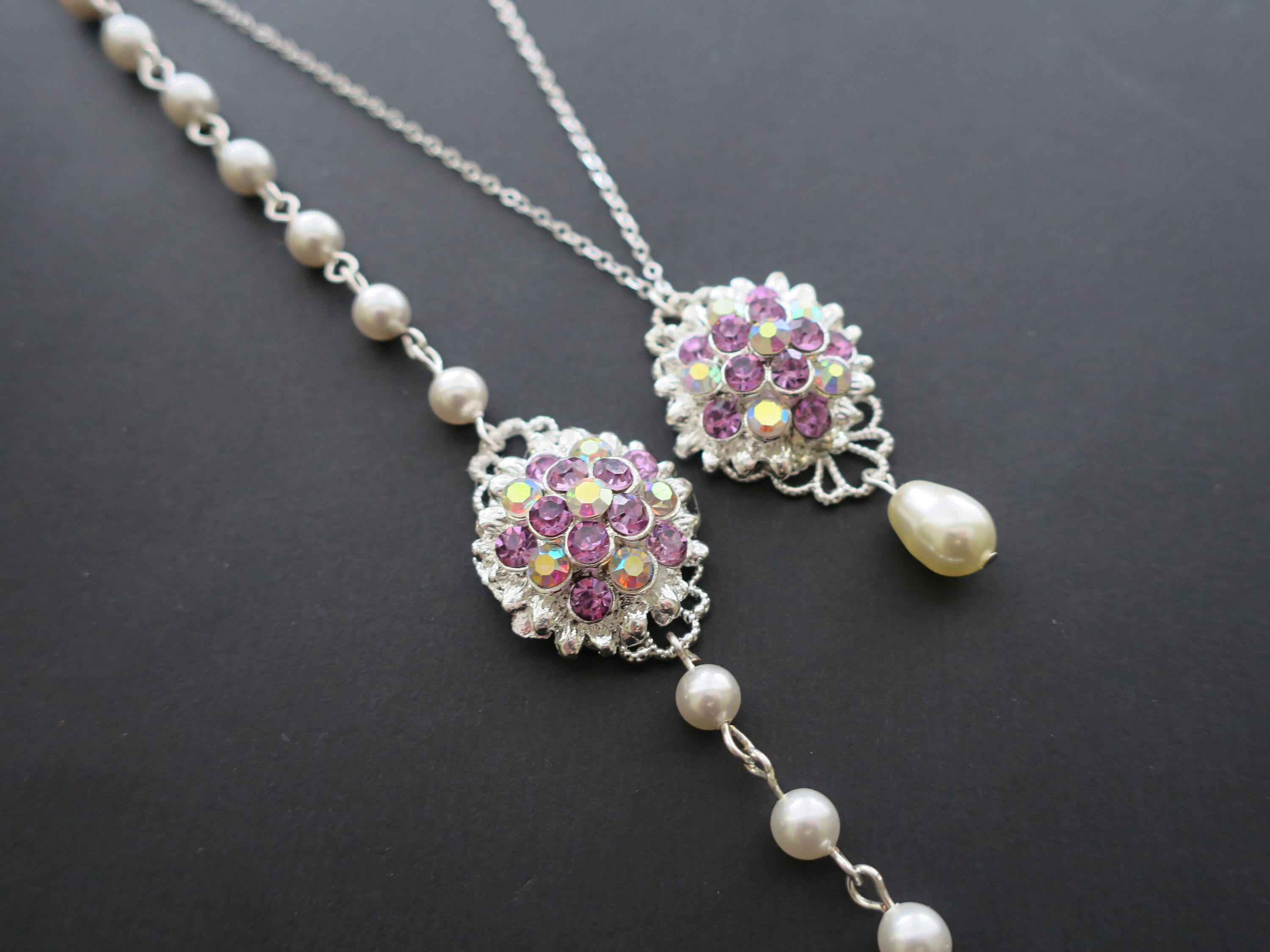 Amethyst flower Swarovski pearl vintage wedding bracelet and necklace jewelry set