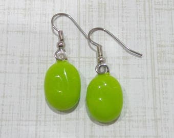 Bright Green Earrings, Lime Green Earrings, Green Dangle Earrings, Fused Glass Jewelry, Ready to Ship - Rollie -7