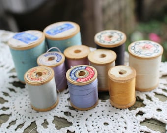 Lot of 10 Vintage Colorful Wooden Spools of Thread