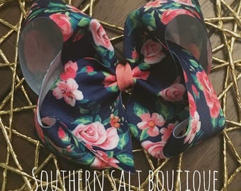 Navy Floral Bow -Boutique Hair Bow - Girls Hair Bow