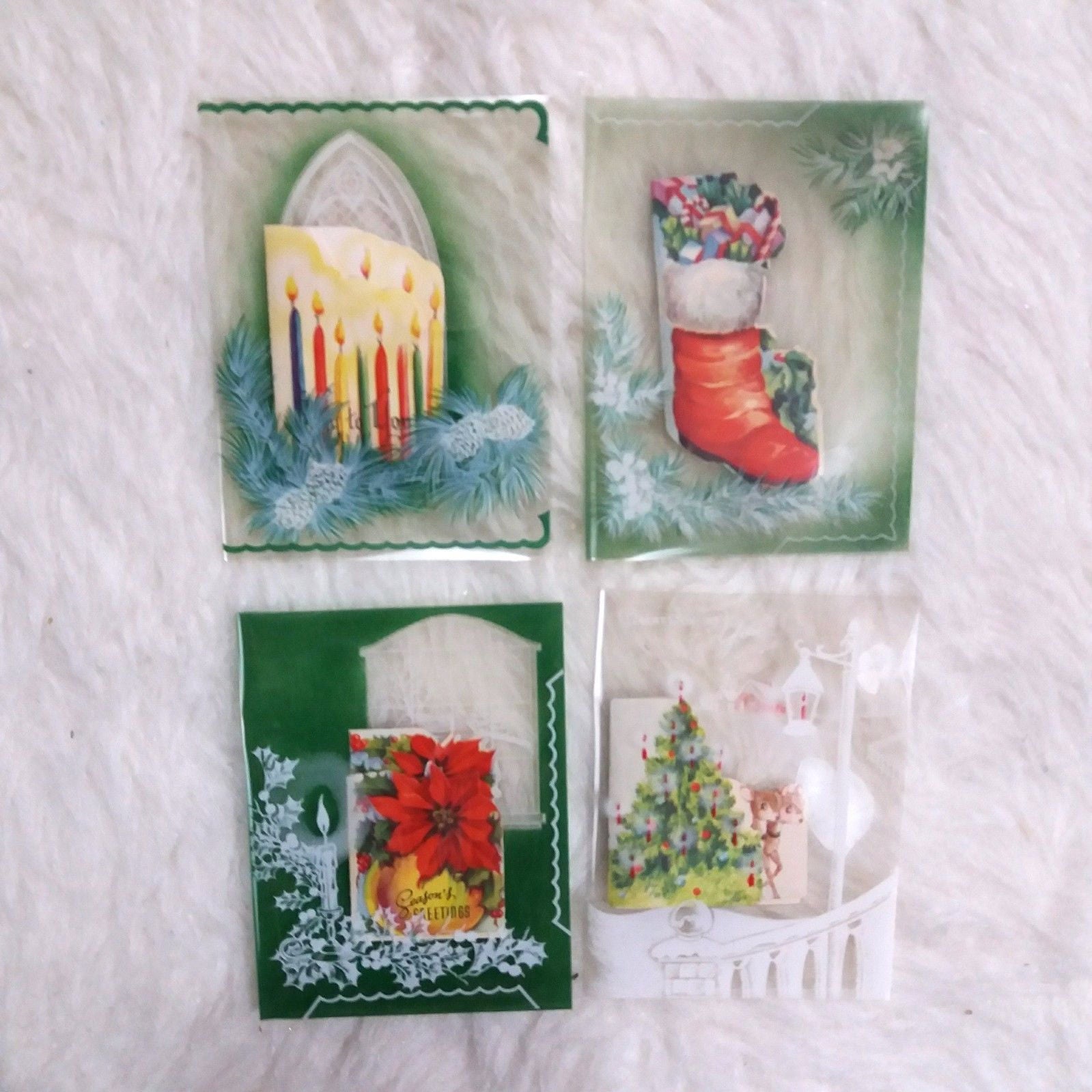 unusual vtg clear layered christmas cards 4 unused christmas