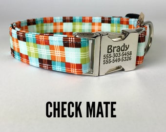 Dog Collar Check Mate Fall Multi-colored Dog Collar All Dog Breeds Pumpkin Orange Lime Green and Shades of Blue Personalized Dog Collar