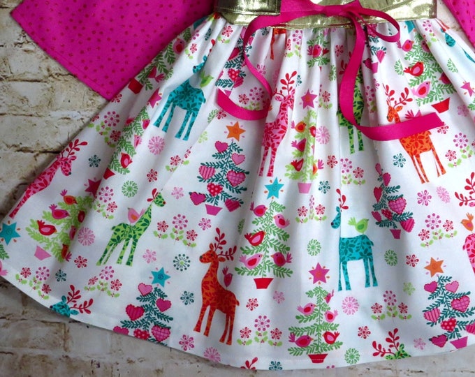 Christmas Dress - Holiday Dress - Party Dress - Gold - Girls Twirl Dress - Preteen Dress - Reindeer - Christmas Outfit - 12 mos to 14 yrs