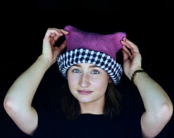 Pink Pussy Cat Hat, Feminist Hat Pink Pussy Hat, Felt Pussycat Hat,Women's Rights Hat,Pink Cat Hat, Women's March Hat
