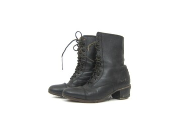 Black Leather Granny Boots. Vintage. Lace up. Genuine Leather.