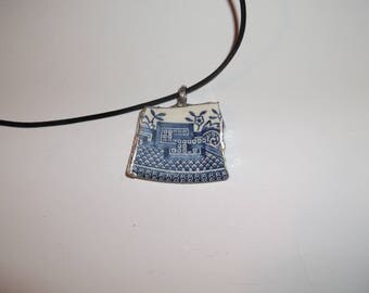 Vintage Broken China Blue Willow Necklace with black leather chain
