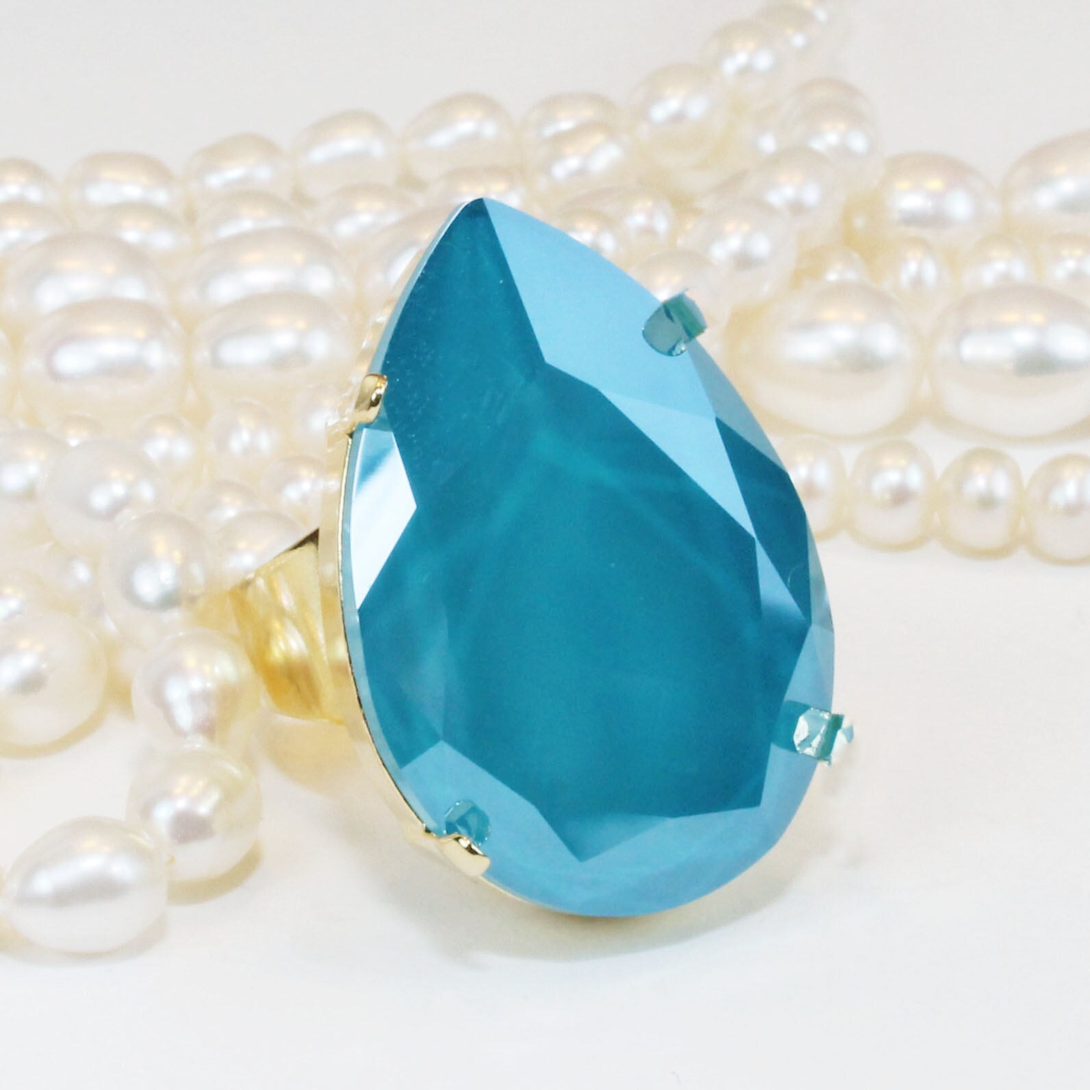 Teal Swarovski Adjustable Ring Crystal Petrol Blue Oversize