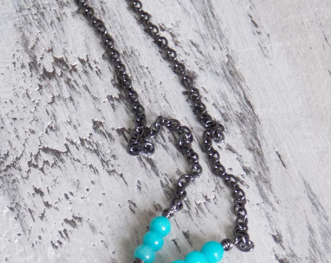 Cross Necklace Turquoise Jade Gemstone Cross Gunmetal Black Chain Charm Dainty Spiritual Simple Minimalist Christian Necklace