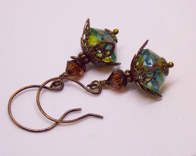 Romantic Dangle Earrings Victorian Drop Earrings Czech Glass Swarovski Crystals Vintage Style Earrings Rustic Oxidized Brass Jewelry