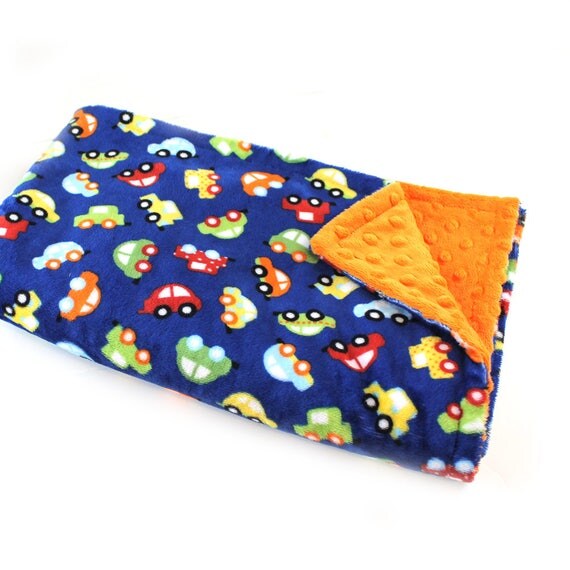Blue Car Blanket / Minky Baby Blanket Boy, Orange Blue Car Blanket // 29 x 35 in Ready to Ship