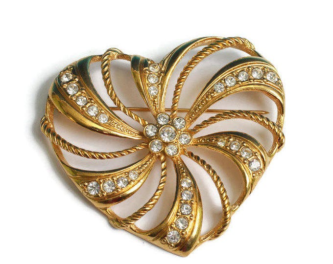 Avon Romantic Trellis Heart Brooch Rhinestone Gold Tone Vintage 1994