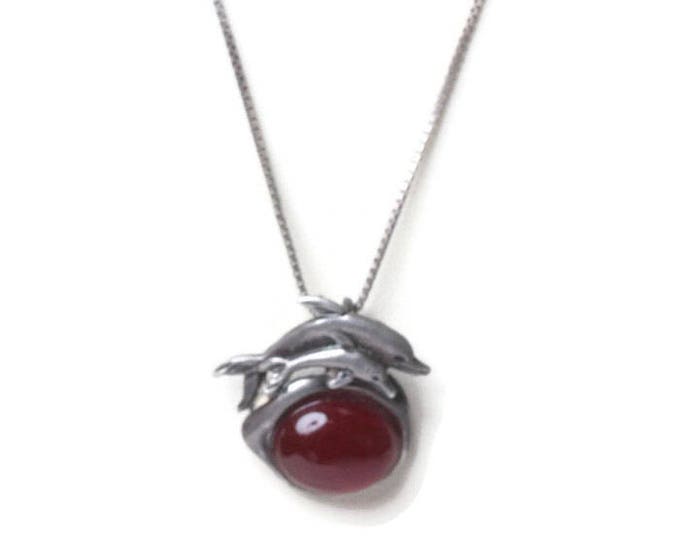 Sterling Dolphin Pendant Simulated Carnelian Cabochon Sterling Chain Sea Life Necklace