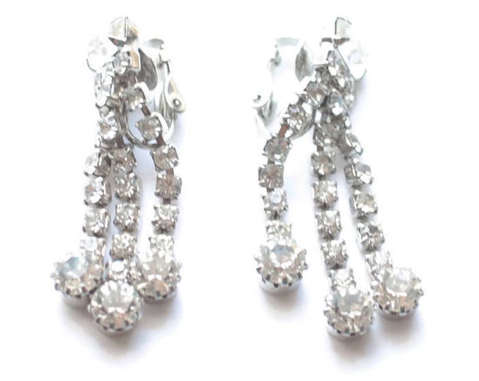 Clear Rhinestone Crystal Dangle Earrings Three Strands Baguettes Chatons Vintage