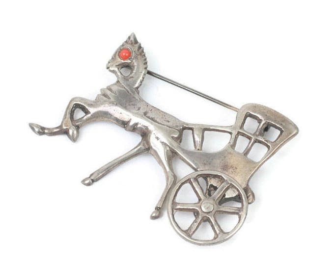 Silver Horse and Buggy Brooch Signed Eagle 3 Mexico Movable Wheel Vintage