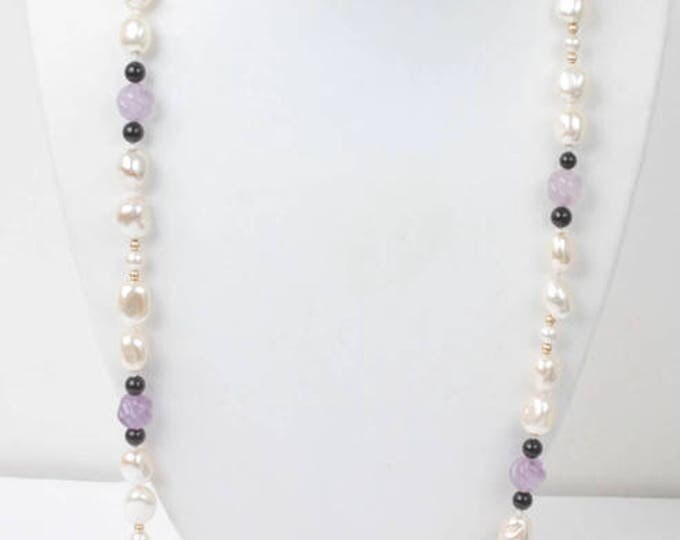 Faux Pearl and Lavender Glass Bead Necklace 40 Inch Rope Length Vintage