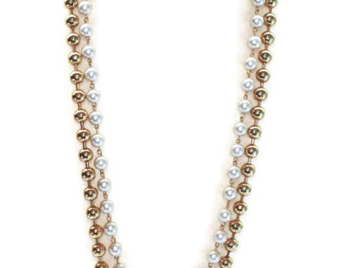 Simulated Pearl and Gold Tone Bead Necklace Two Strand Longer Length Vintage