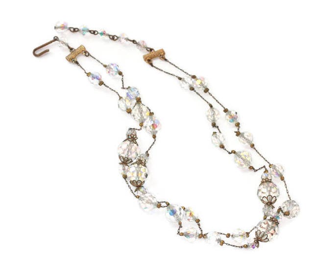 Aurora Borealis Crystal Bead Stations Necklace Two Strands Fine Gold Tone Metal Chain Vintage