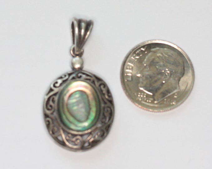 Abalone Shell Sterling Pendant Filigree Setting Oval Vintage