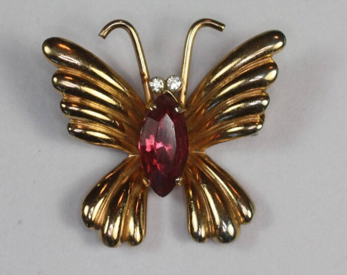 Small Dark Pink Rhinestone Butterfly Pin Signed Coro Vintage