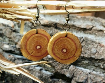 Salvaged Lilac Earrings, Boho Wood Earrings, Rustic Tree Slice Earrings