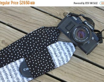 SummerSale Monogramming Included Extra Long Wide Camera Strap for DSL camera Sheet Music Print With Black Dot Reverse and Lens cap pocket
