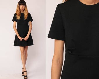 Black Mini Dress 60s Mod Plain 70s Empire Waist Babydoll LBD Polyester Short Sleeve Vintage 1970s Little Black Dress Minidress Small Medium