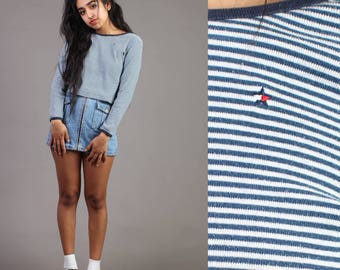 vintage TOMMY HILFIGER blue STRIPED crop top cropped shirt ringer star logo 90s 1990s S/M