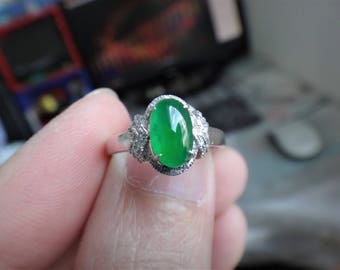 18k Solid White Gold Diamond Natural Genuine A Jadeite Jade Imperial Green Ring(SOLD)