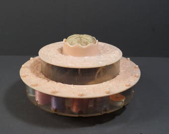 Sewing Thread Keeper Vintage 1950s Mid Century Turnstyle Spinning Caddy Wedding Cake Sewing Box With Thread and Thimble