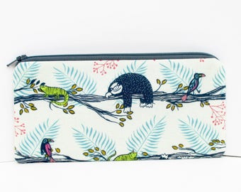 Zippered Pencil Pouch, Lazy Day Sloths, Cotton and Steel Fabric